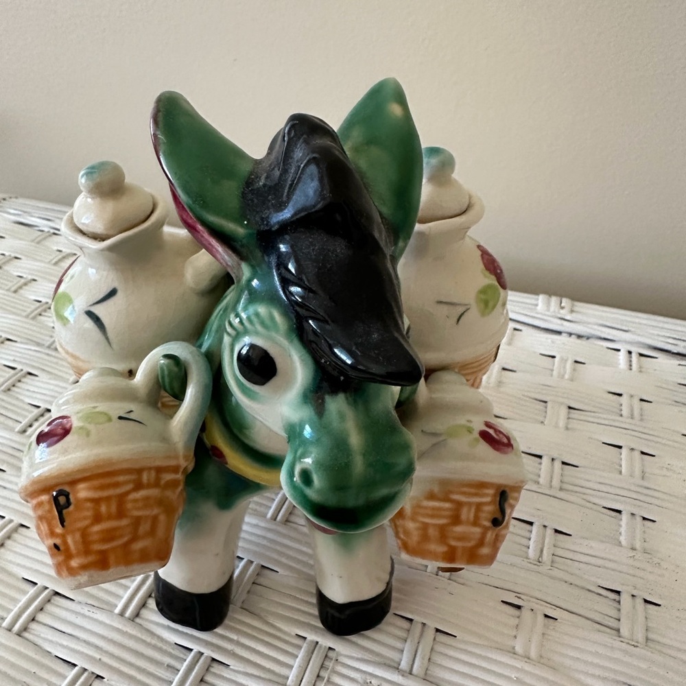 Hand-Painted Green Donkey Ceramic Figurine with Baskets